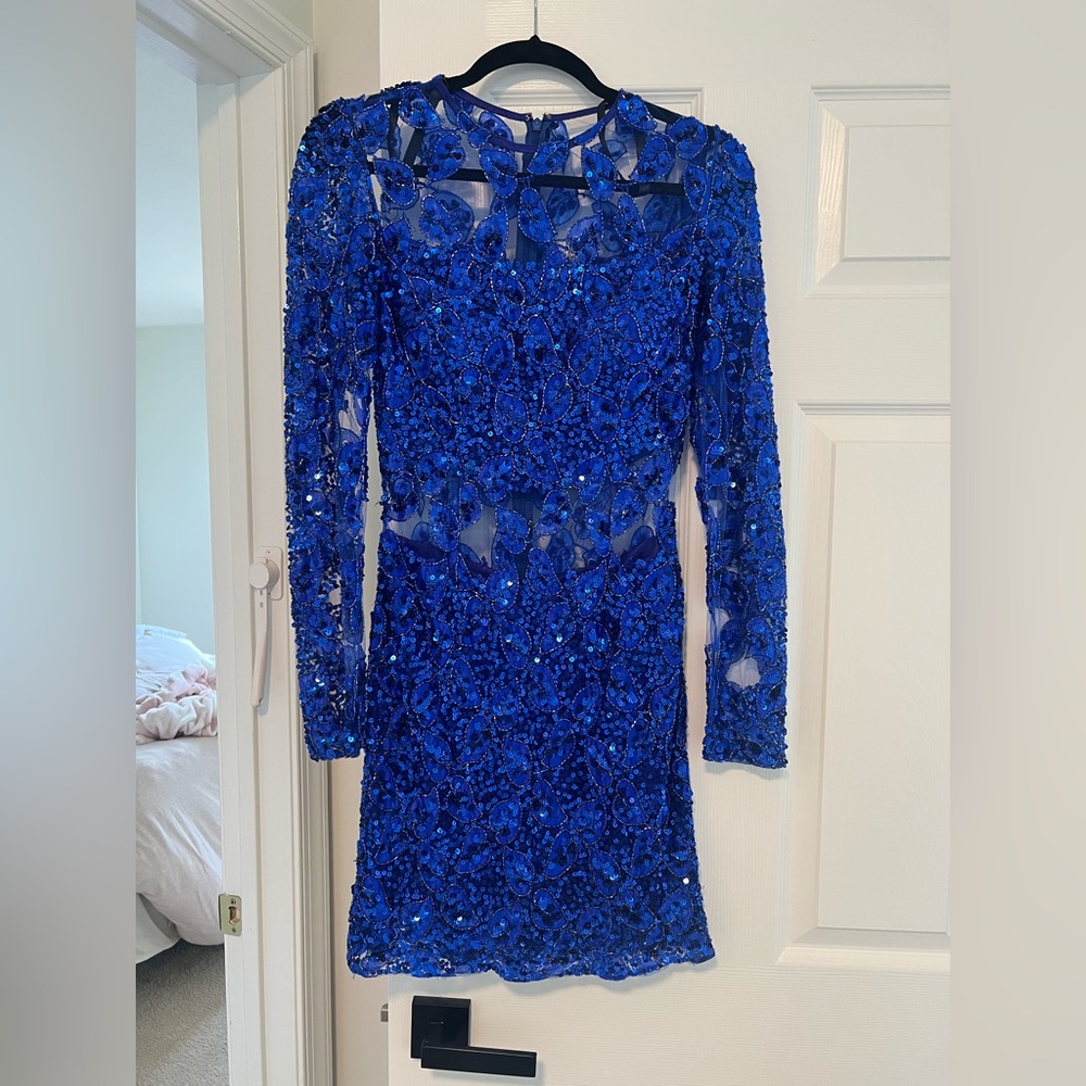 Primavera Royal Blue Sequin Long Sleeve Mini Dress (Size 4)
